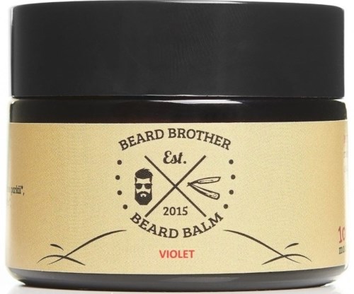 Ett burk med skäggbalsam med en etikett som säger "Beard Brother Est. 2015," med en skäggman-illustration och violett doft.