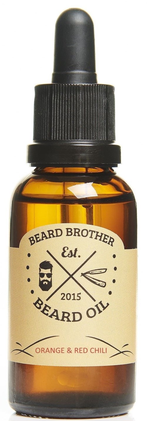 En bärnstensfärgad glasflaska med svart lock och pipett, märkt 'Beard Oil,' doft av apelsin och röd chili.