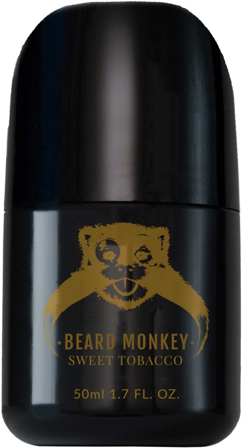 En svart behållare med ett guldansikte av en apa och text för skäggvårdsprodukt kallad Beard Monkey. Den innehåller söt tobakssmak.