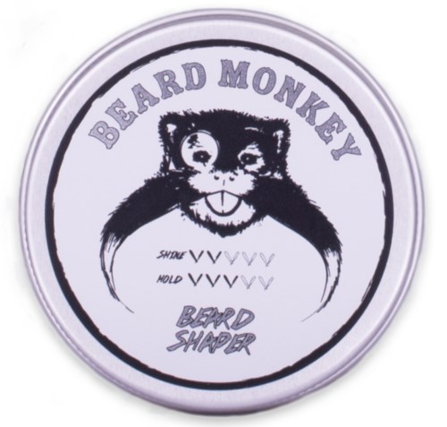 En cirkulär logga med en bearded apa, instruktioner att raka eller hålla skägget, och orden 'Beard Monkey' och 'Beard Shaper'.