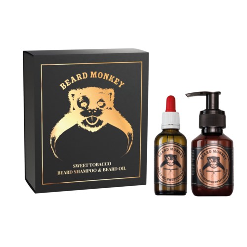 Skäggschampo och oljset med svart box, med en bearded monkey-logga, och två flaskor, en med pipett och en med pump.
