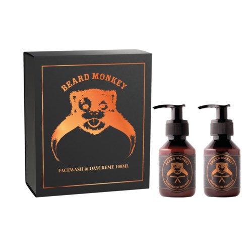 Ett presentset med en svart box och två flaskor med vårdprodukter för skägg, märkt 'Beard Monkey' med en apa-logga.