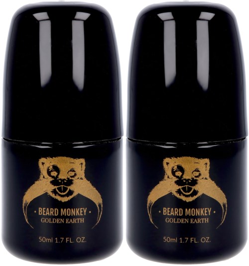 To sorte beholdere med guldabe logo og tekst, mærket 'BEARD MONKEY GOLDEN EARTH,' 50 ml hver.