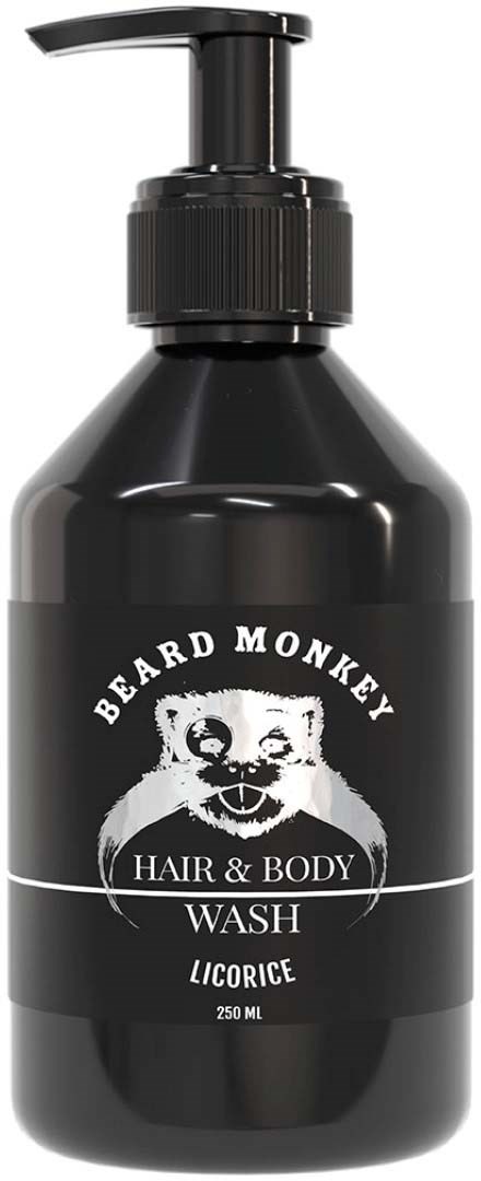 Een zwarte fles met pomp, gemerkt 'Beard Monkey Hair & Body Wash Licorice', 250 ml.