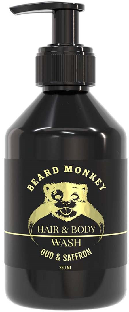 En sort flaske med pumpe mærket 'Beard Monkey Hair & Body Wash, Oud & Saffron, 250 ml.'