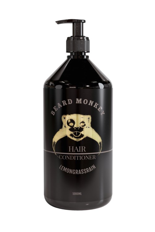 En sort flaske med pumpe mærket 'Beard Monkey Hair Conditioner Lemongrass'. Den har en logo af et abeansigt.