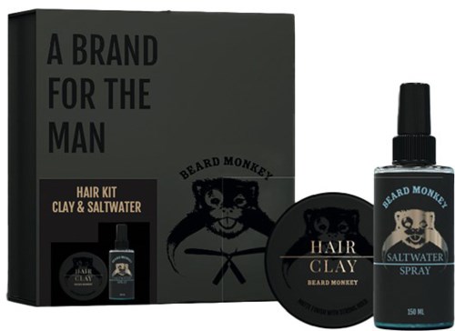 Et skjeggpleiesett med leire og saltvannsspray, i en eske kalt "A Brand for the Man."