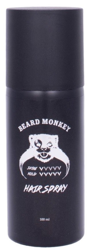 En svart flaska med en björnfisk och orden 'Beard Monkey' och 'Hårspray' på.