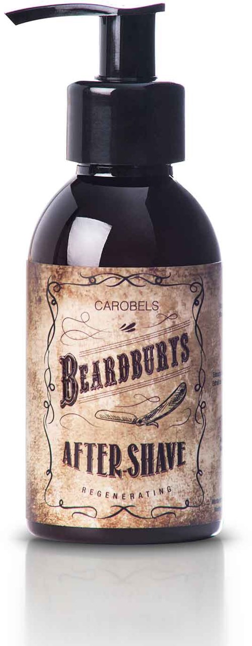 En svart flaska med pump, märkt 'Beardburys After Shave', med en vintage-inspirerad etikett.