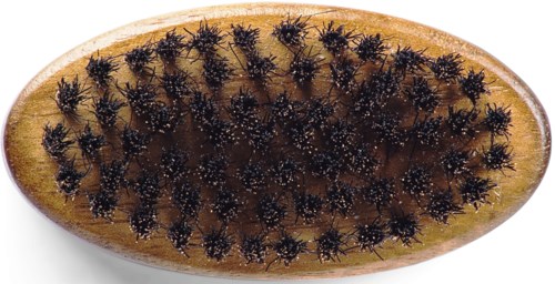 A wooden brush head with black bristles and white tips. The bristles are densely packed and raised.
