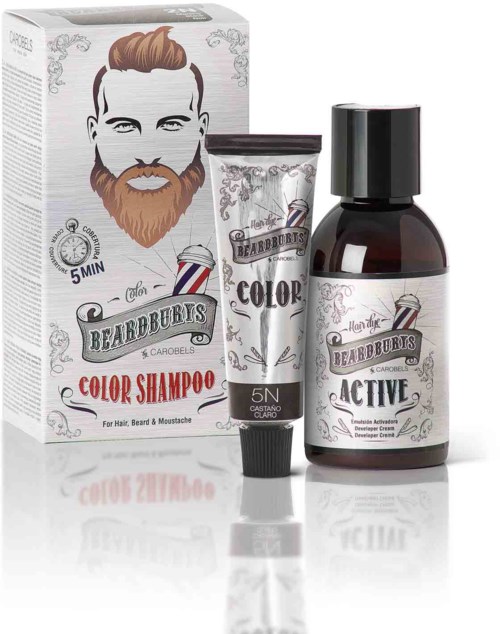 Hair care products for colored hair, including shampoo and conditioner, featuring a bearded man's illustration and vintage style.