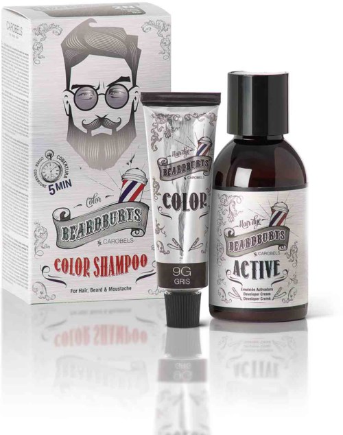 Three hair care products for color-treated hair, including shampoo, conditioner, and treatment. The packaging has a bearded man illustration.