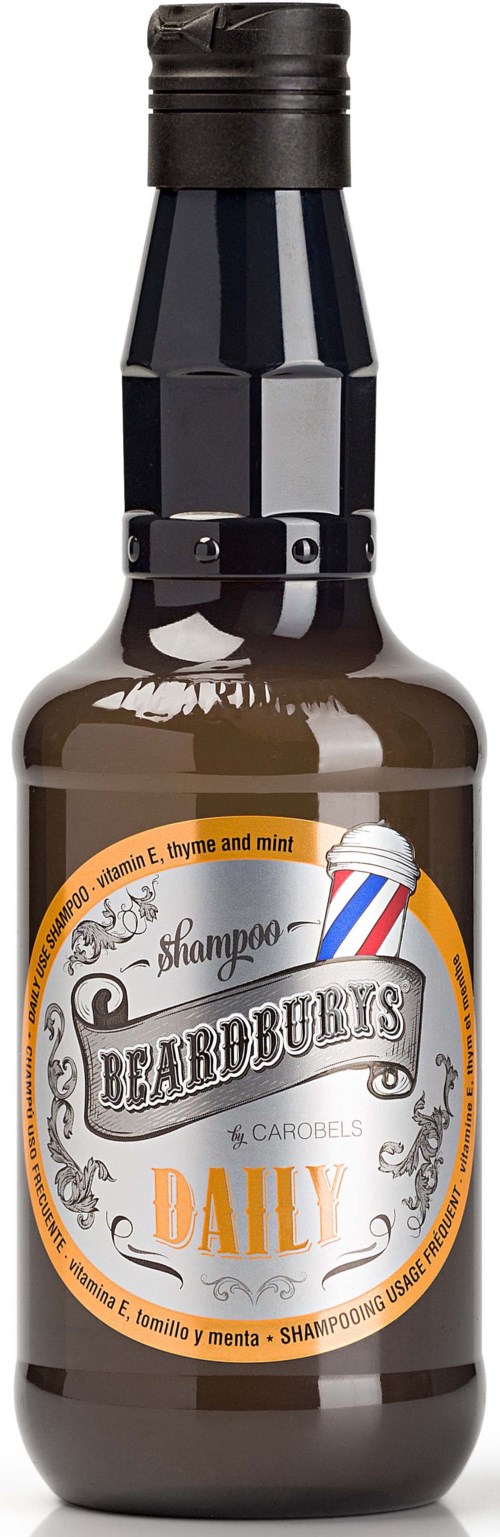 Liten brun flaske merket Bearbury's Daily sjampo, med et barberskiltbilde, svart lokk og oransje og sølv design.