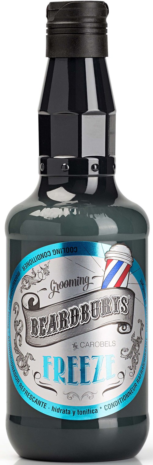 En liten mørk flaske med en etiket som sier "Grooming Beardburys Freeze" og en illustrasjon av en frisørstang.