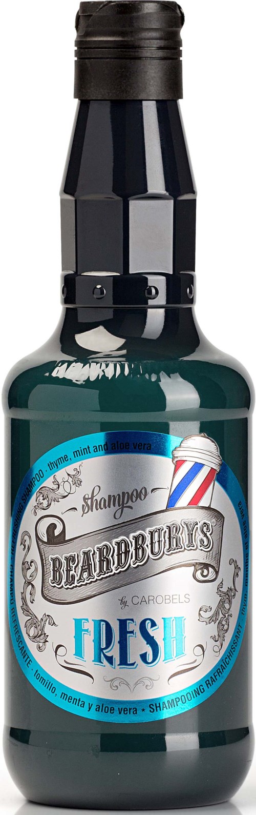 En liten mørkegrønn flaske merket 'Beardbully's Fresh' sjampo med svart lokk.