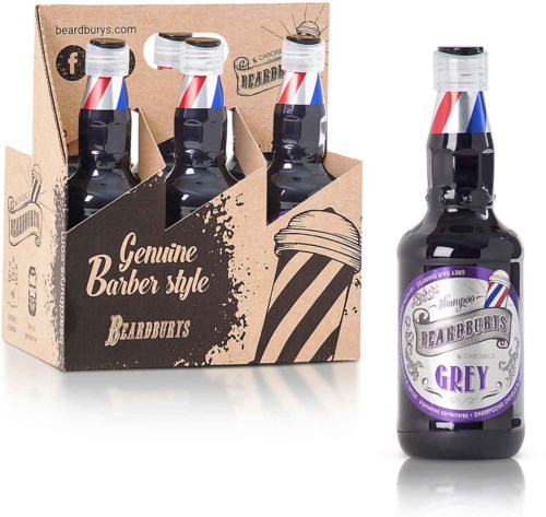 En eske inneholder fire flasker med barberstil-etiketter, og en ekstra flaske står utenfor esken.