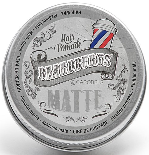 A round container of Beardburys Matte hair pomade with a barber's pole illustration on the lid.