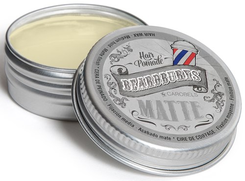 A tin with a lid showing a hair pomade product called Beardburts Matte, with a razor and barber theme. 