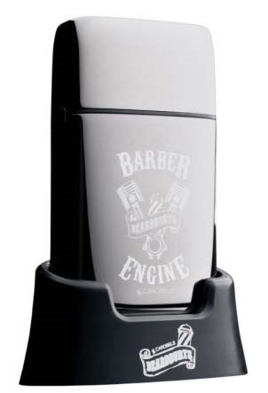A lighter with a retro design and text that says "Barber Engine." It has a black and white color scheme.
