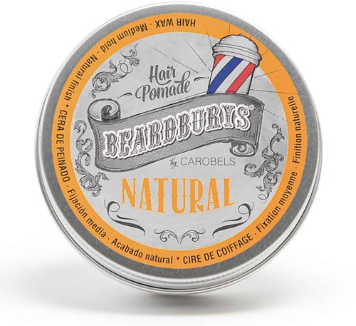 En rund burk med Beardburys Hair Pomade Natural med en barberstaf figur i svart, vitt och rött.