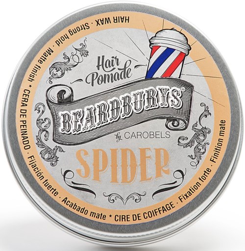 Rundes Etikett auf einem Behälter mit Beardburys Spider Hair Pomade, mit einem Friseurrasierer und einem Barbierstangen-Illustration.
