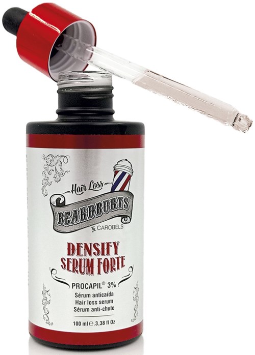 Pieni pullo hiusseerumi ja tippapult, merkinnältä "Densify Serum Forte" hiustenlähdölle.