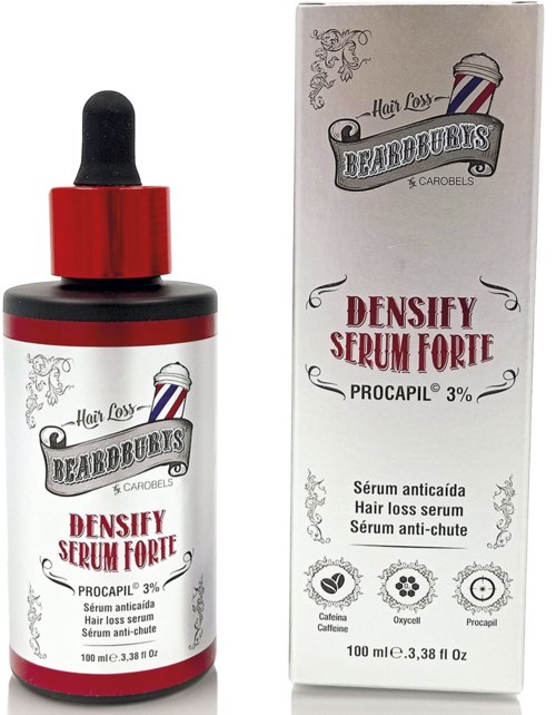 Pullo, jossa tippa ja laatikko, molemmat merkinnällä Beardburys Densify Serum Forte, punainen, musta ja valkoinen värein.
