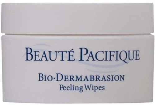 A white box labeled 'Beaute Pacifique' with blue text, contains bio-dermabrasion peeling wipes.
