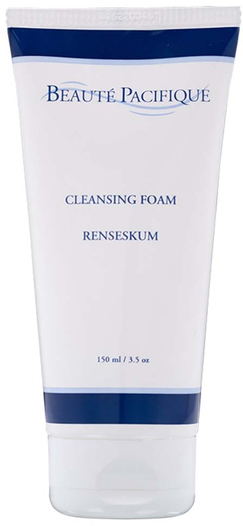 En vit tub med blå band, märkt 'Beauté Pacifique', innehåller rengöringsskum, 150 ml i storlek.