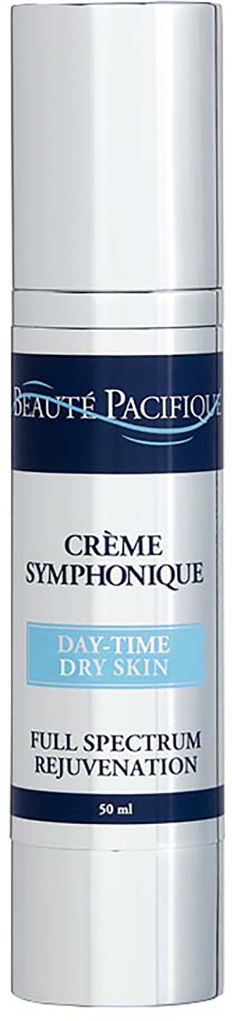 En hvit tube med fuktighetsgivende krem med blå og svarte etiketter for tørr hud. Den er fra Beauté Pacifica.