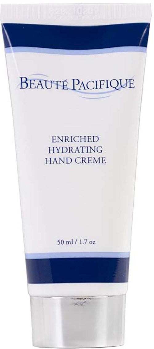En tub med Beauté Pacifique handkräm, märkt som berikad och återfuktande, innehåller 50 ml.
