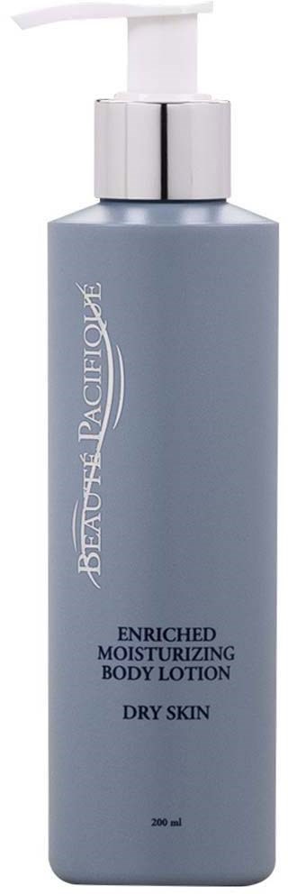 Eine blaue Flasche mit BEAUTE PACIFIQUE, feuchtigkeitsspendende Lotion für trockene Haut, mit weißem Pumpaufsatz.