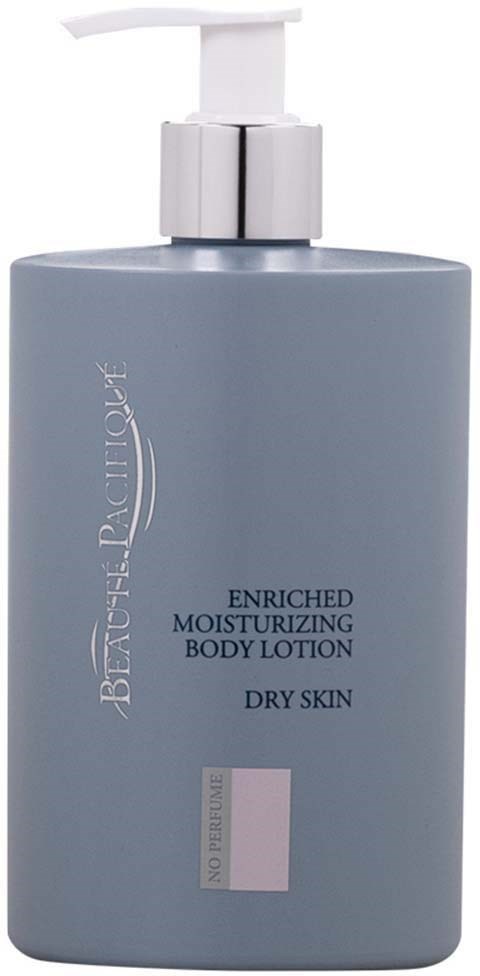 A blue pump bottle labeled 'BEAUTIFUL Skin' contains enriched moisturizing body lotion for dry skin.
