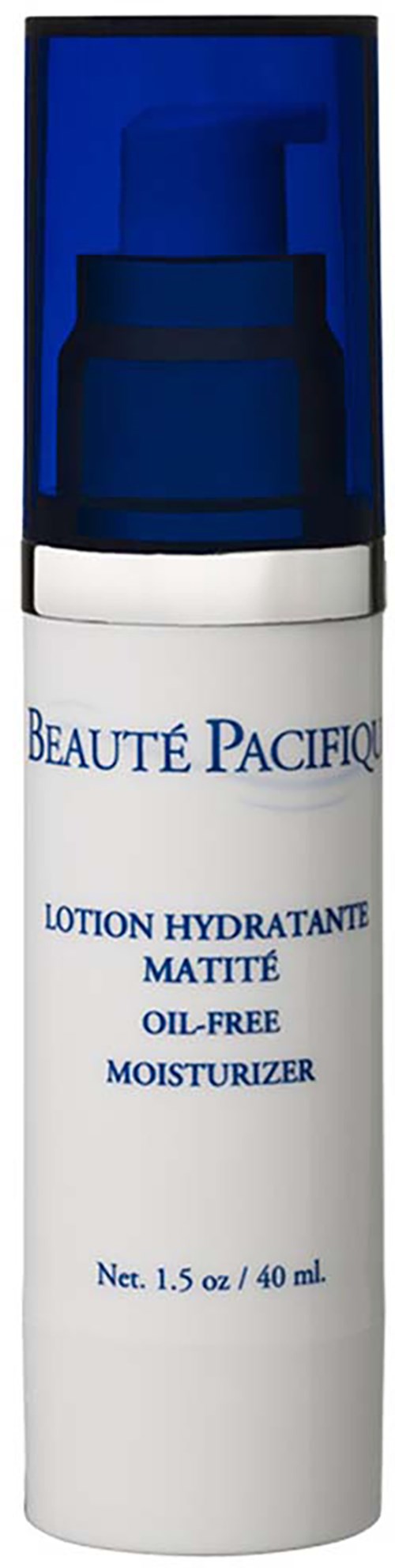 En hvid flaske med blå låg mærket 'Beaute Pacifici,' indeholder oliefri fugtighedscreme til mat hud, 40 ml.
