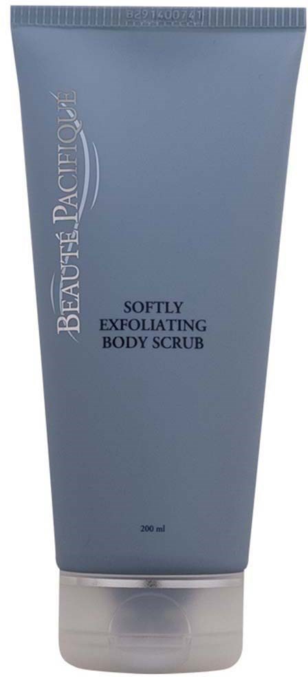 Sininen putkilö vartalonkuorinta-aineella ja käännöslukolla, merkintä 'Beauty Palette' ja 'Softly Exfoliating Body Scrub'.