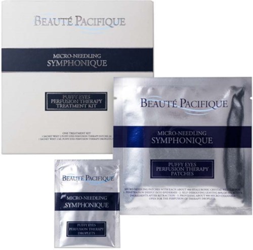 Tre paket av Beauté Pacificque Micro-Needling Symphonique behandling för huden, två stora lådor och en liten påse.