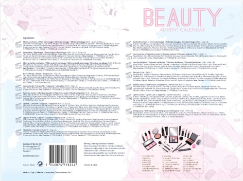Beauty adventkalender met make-upproducten, tools en roze ontwerp. Tekst met ingrediënten en barcode.