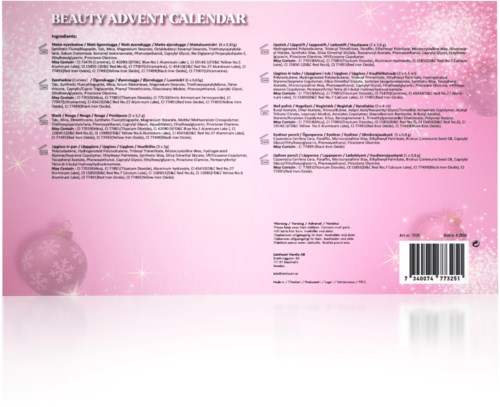 Vaaleanpunainen Beauty Advent -kalenteri, jossa on luettelo kauneustuotteista ja ainesosista, plus viivakoodi ja juhlapukeutuminen.