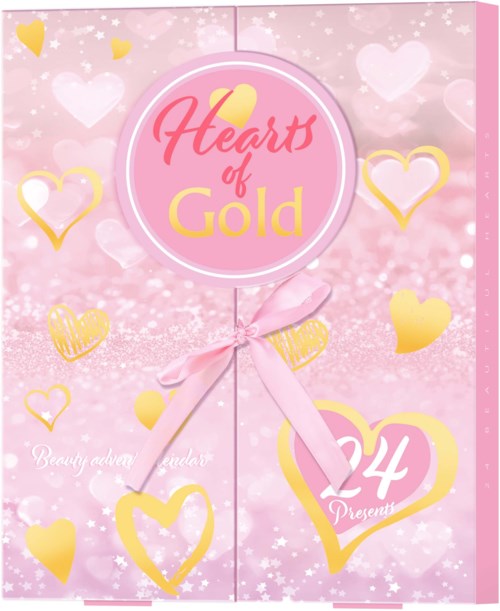En rosa forside med hjerter, en sløyfe og tittelen 'Hearts of Gold' for en 24-delings gavet eller kalender.