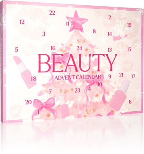 Pinkki kauneusadventtikalenteri meikkikuvituksilla, tähti ja numeroidut ovet 1-24.