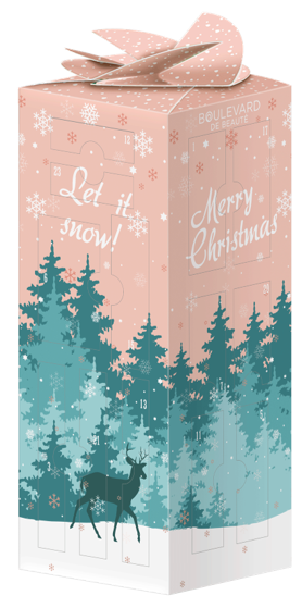 En rosa julemelkekartong med blå trær, en rein og julehilsen: "Let it snow!" og "Merry Christmas."