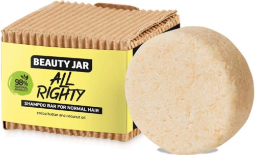En shampoo bar fra Beauty Jar All Righty, lavet til normalt hår med kakaosmør og kokosolie. Vis med papemballage.