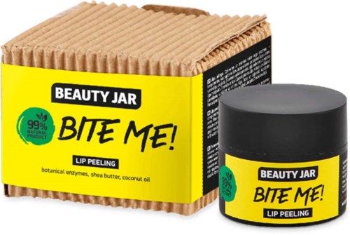 Produkt do peelingu ust w żółtym opakowaniu i pojemniku, oznaczony 'Bite Me!'. Zawiera naturalne składniki jak masło shea.