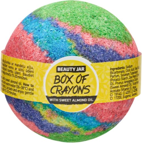 Färgglad badbomb med etikett: 'Box of Crayons' med mandelolja och ingredienser listade.