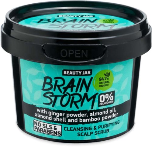 Turkusowe pudełko z napisem 'Brain Storm', zawiera peeling skórę głowy z imbirem, olejem migdałowym i skorupką migdałową, bez dodatków kolorów, parabenów i SLS.