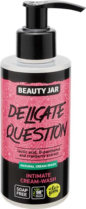 Rosa och svart flaska märkt 'Beauty Jar' med pump, innehåller intimt kräm-tvätt, tvål-fri, med naturliga ingredienser.