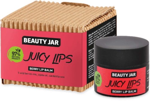 Beauty jar Juicy Lips malinowy balsam do ust z naturalnych składników w słoiku i pudełku.
