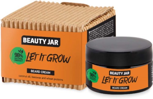 A jar and box of beard cream with orange labels, black lid, and beige textured packaging.