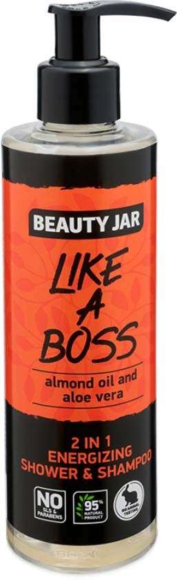 Kohdelta ja shampoolta sisältävä pullo, nimeltä 'Like a Boss', sisältää manteliöljyä ja aloe veraa.