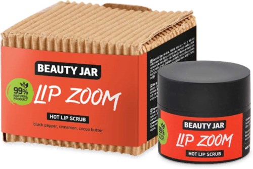 Produkt kosmetyczny o nazwie Lip Zoom, gorący peeling do ust z naturalnymi składnikami, w słoiku i opakowaniu.